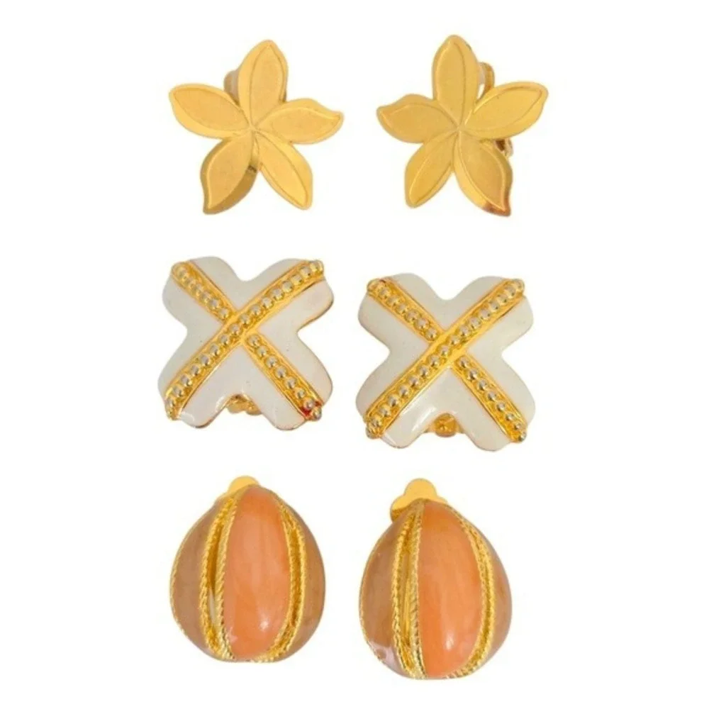 Gold Leighton Lam Floral & Peach White Clip Earrings (Set of‎ 3)